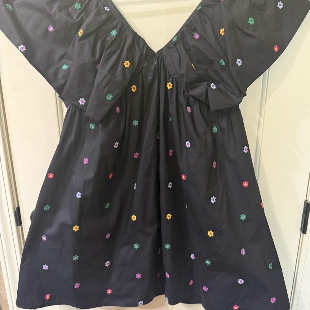 Day + Moon Floral Embroidered Poplin Babydoll Dress